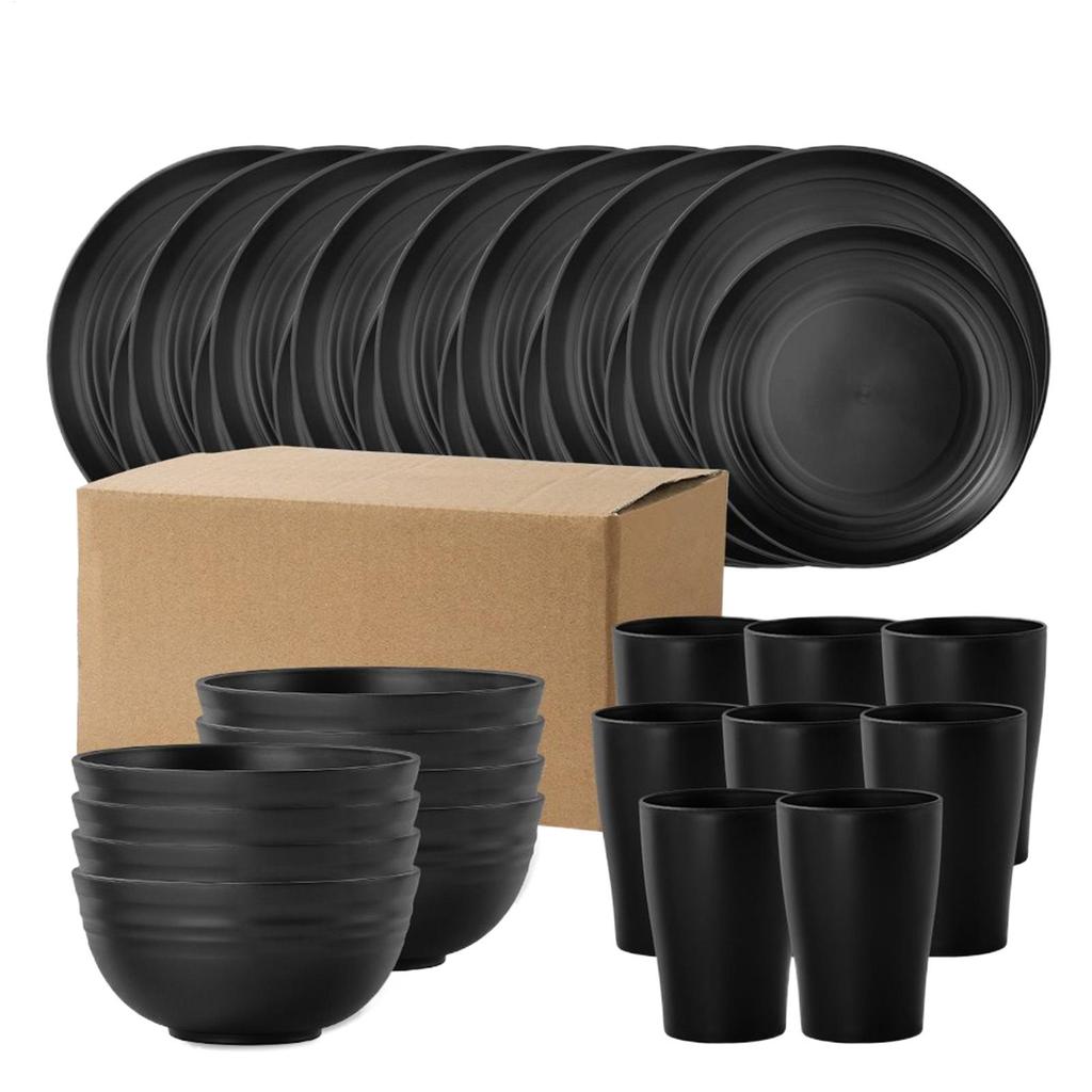 Wheatstraw Dinnerware Set Camping Plates Cups and Bowls Set Sturdy Stackable Silverware Utensil for Indoor Travel Home Apartment