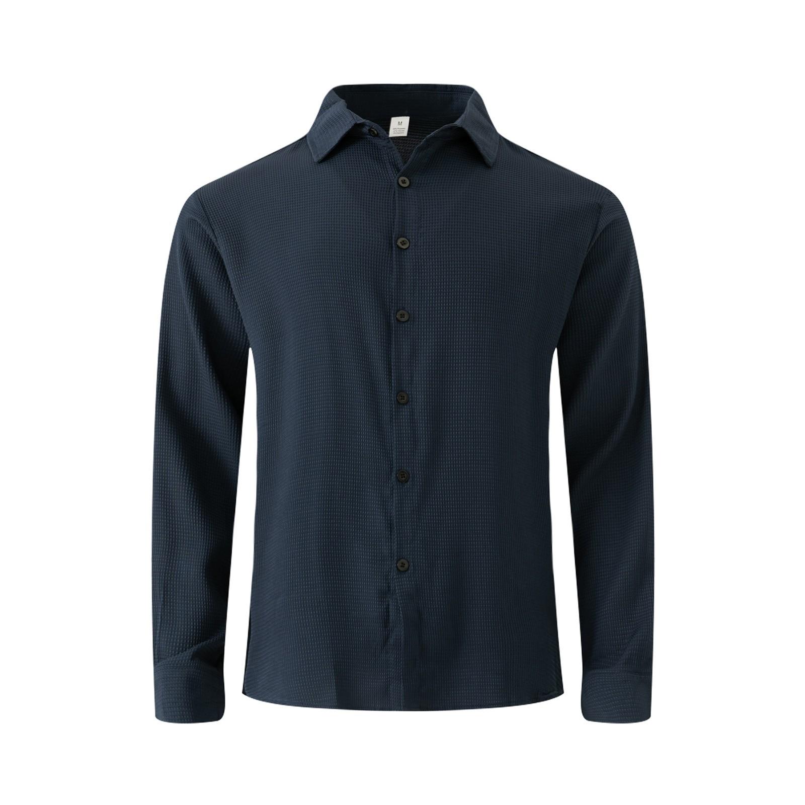 

Мужская рубашка с длинным рукавом и лацканами, однотонная, с пуговицами, мужская повседневная однобортная рубашка с длинным рукавом в горошек XXL тёмно-синий