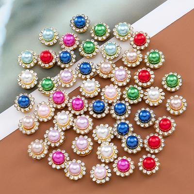 100 Pcs 12mm Colorful Rhinestone & Imitation Pearl Beads with Golden-Tone Base - Elegant Flower-Shaped Embellishments for DIY Jewelry, Brooches