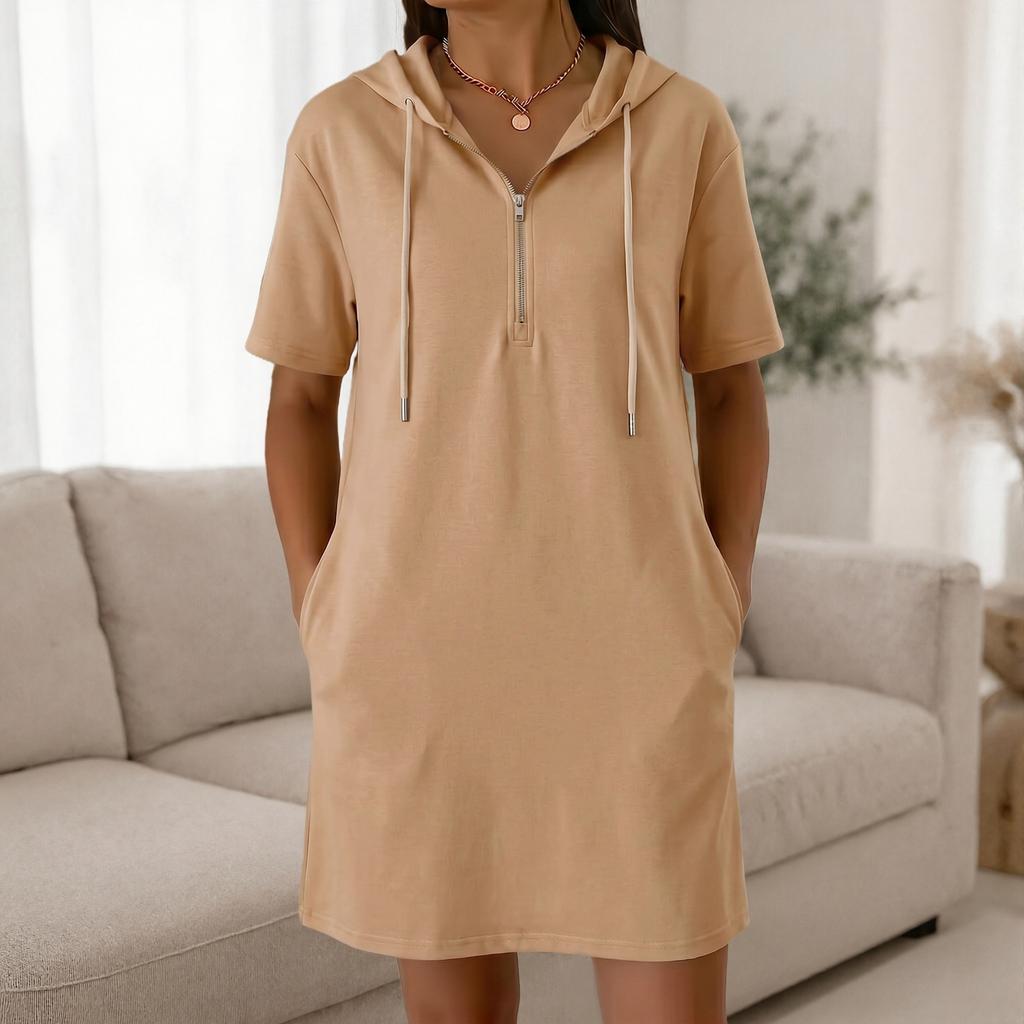 Women Hooded Short Sleeve Dress with Zipper Front Pockets Casual Straight Fit Knee Length Pullover