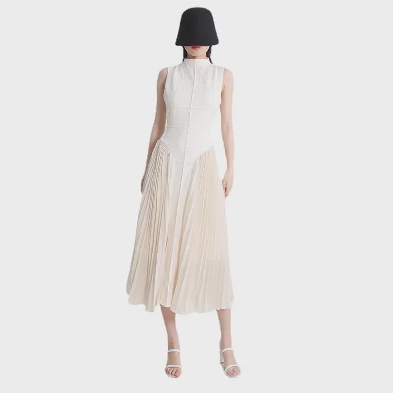 2025 Spring French Style Sleeveless Contrast Stitch Pleated Dress