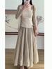 Luxurious Retro Ice Silk Cotton Linen Midi Skirt for Women: Spring/Summer 2026 Slimming High-Low Floor-Length Dress