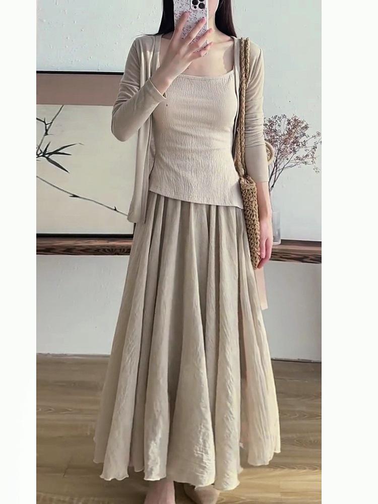 Luxurious Retro Ice Silk Cotton Linen Midi Skirt for Women: Spring/Summer 2026 Slimming High-Low Floor-Length Dress