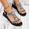 Modische, neue, große, ausgehöhlte Strass-Sandalen mit flachem Boden, bequeme Damenschuhe im Bohème-Stil für den Sommer