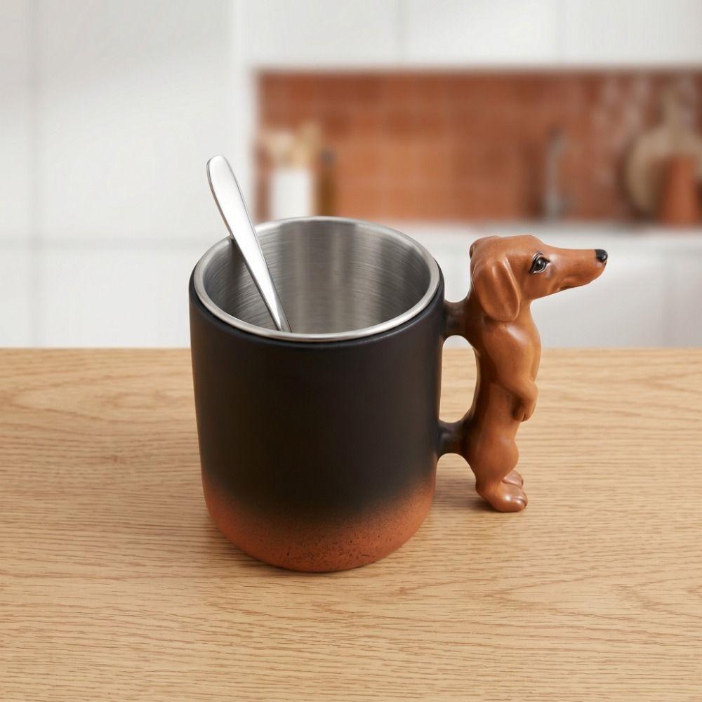 Lustige Harz Dackel Kaffeetasse Handgefertigt Niedliche Tierform Teetasse Edelstahl Innen mit Griff Wasserbecher für Zuhause