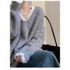 New Korean Fashion Lace Patchwork Pullover Loose Sweater Women Knitted Casual Versatile Tops Autumn and Winter V Neck Long Sleeve Solid Color Clothes