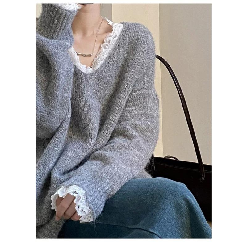 New Korean Fashion Lace Patchwork Pullover Loose Sweater Women Knitted Casual Versatile Tops Autumn and Winter V Neck Long Sleeve Solid Color Clothes