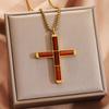 Natural Shoushan Stone Tiger Eye Cross Pendant Square Chain Necklace For Men Women