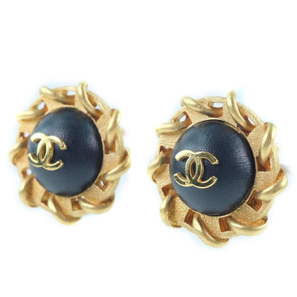 Chanel COCO Mark Earring Gold/black Plated Gold/leather 24.1g Women Used
