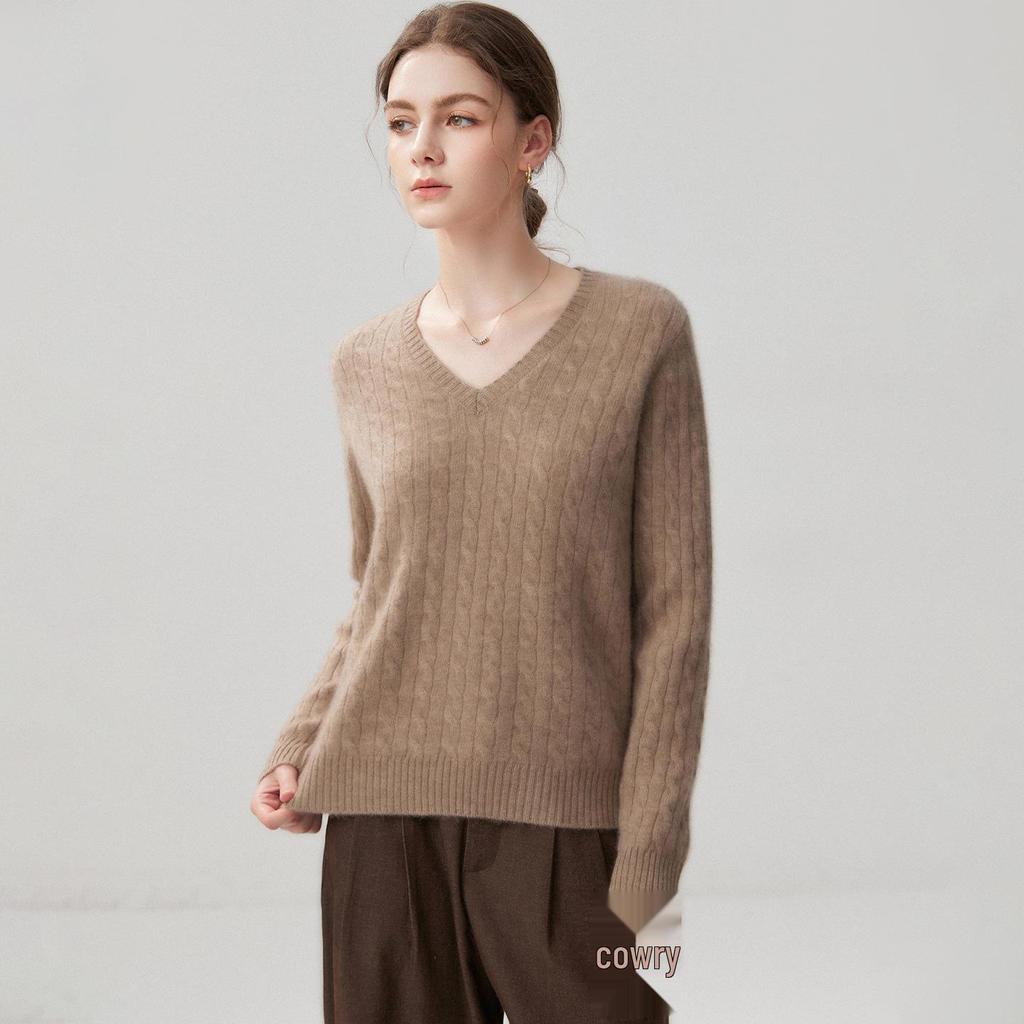 3D Cable Knit V-Neck Cashmere Sweater - Women's Elegant Autumn/Winter 2026 Collection, Loose Slimming Fit