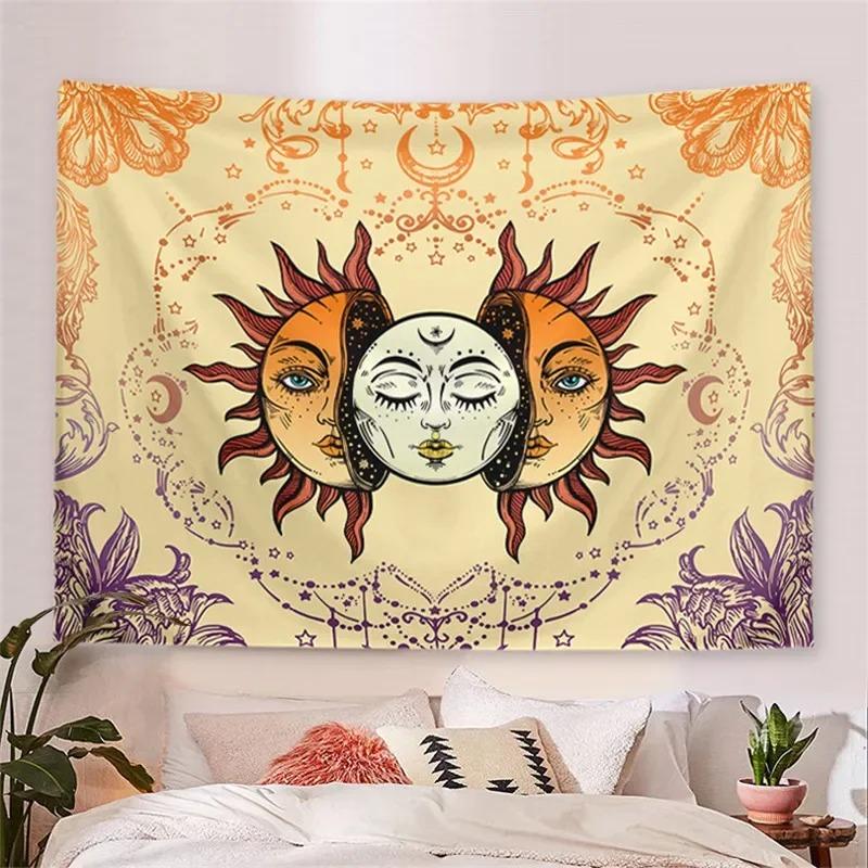 Celestial Tapestry Sun Face Moon Phase Vintage Aesthetic Wall Hanging for Bedroom Dorm Room Yoga Studio Decor 100X70CM