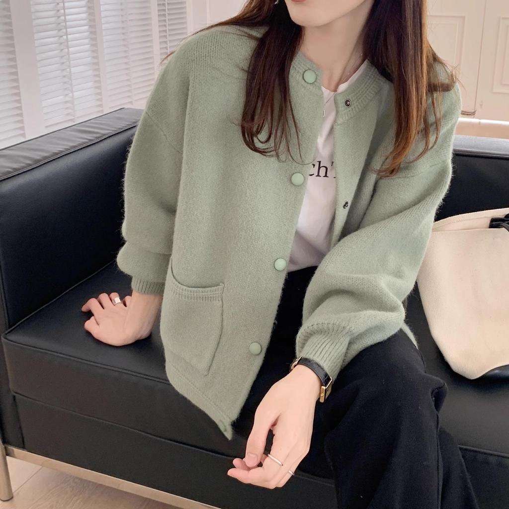 Women's Pink Korean-Style Loose Fit Cardigan - Soft, Long-Sleeved, Perfect for Autumn and Winter