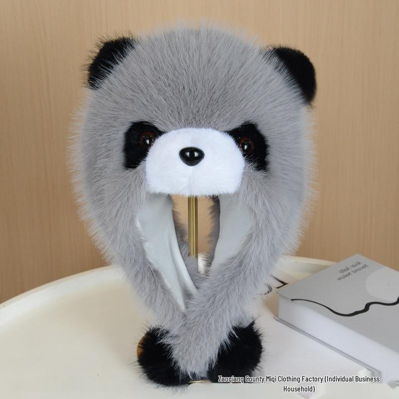 Large Faux Fur Panda Earmuff Hat - Enhances Face Slimness, Winter Warmth, Ideal for Outdoor Photography.