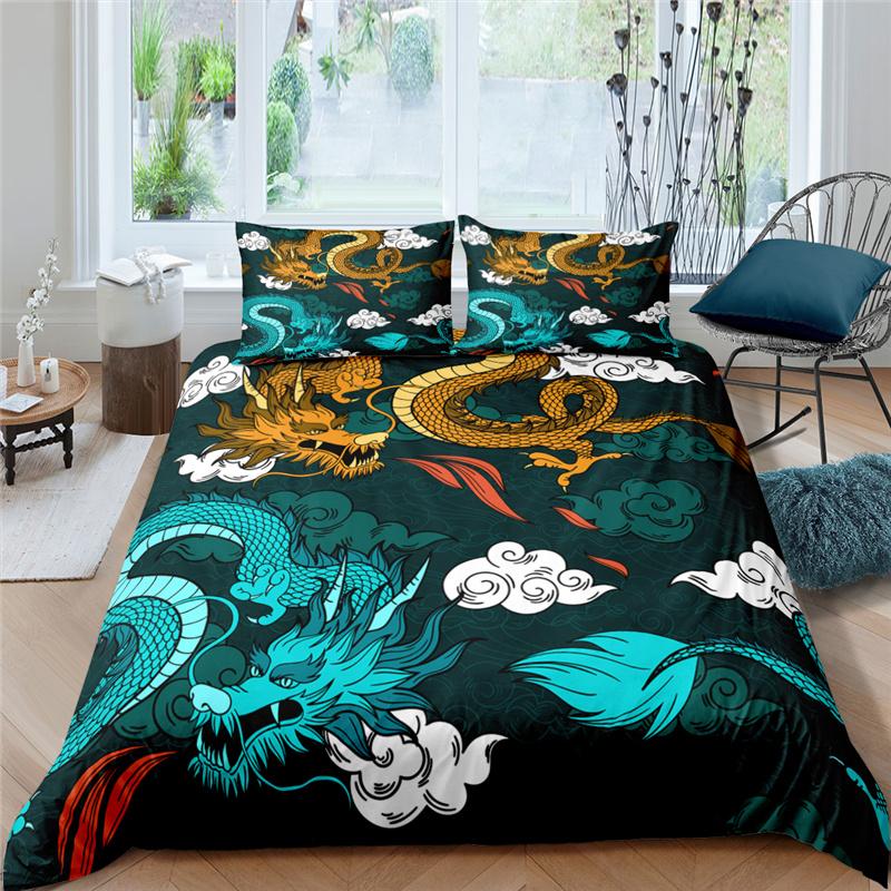 Dragon Duvet Cover King Queen Japanese Exotic Bedding Set Ancient Mythical Animal Comforter Cover 2/3pcs Polyester Quilt Cover