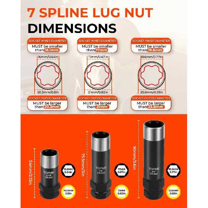 7 Spline Lug Nut Key Set,3 Piece 7 Point Spline Lug Nut Socket 5/8 ,11/16 ,3/4  for M14x1.5,M14x1.75,M14x2 lug nuts,for Easy Installation and Removal