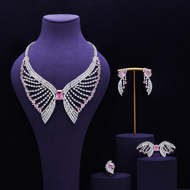 Modischer und umweltfreundlicher Zirkon-Halsketten-Ohrring-Set mit Kupferintarsien, 4-teiliges Bankett-Hochzeits-Accessoire