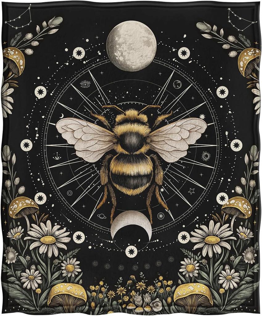 Moon Mushroom Floral Print Blankets for Adult Kid, Witchy Gothic Theme Birthday Party Decorations for Living Room Bedroom Office
