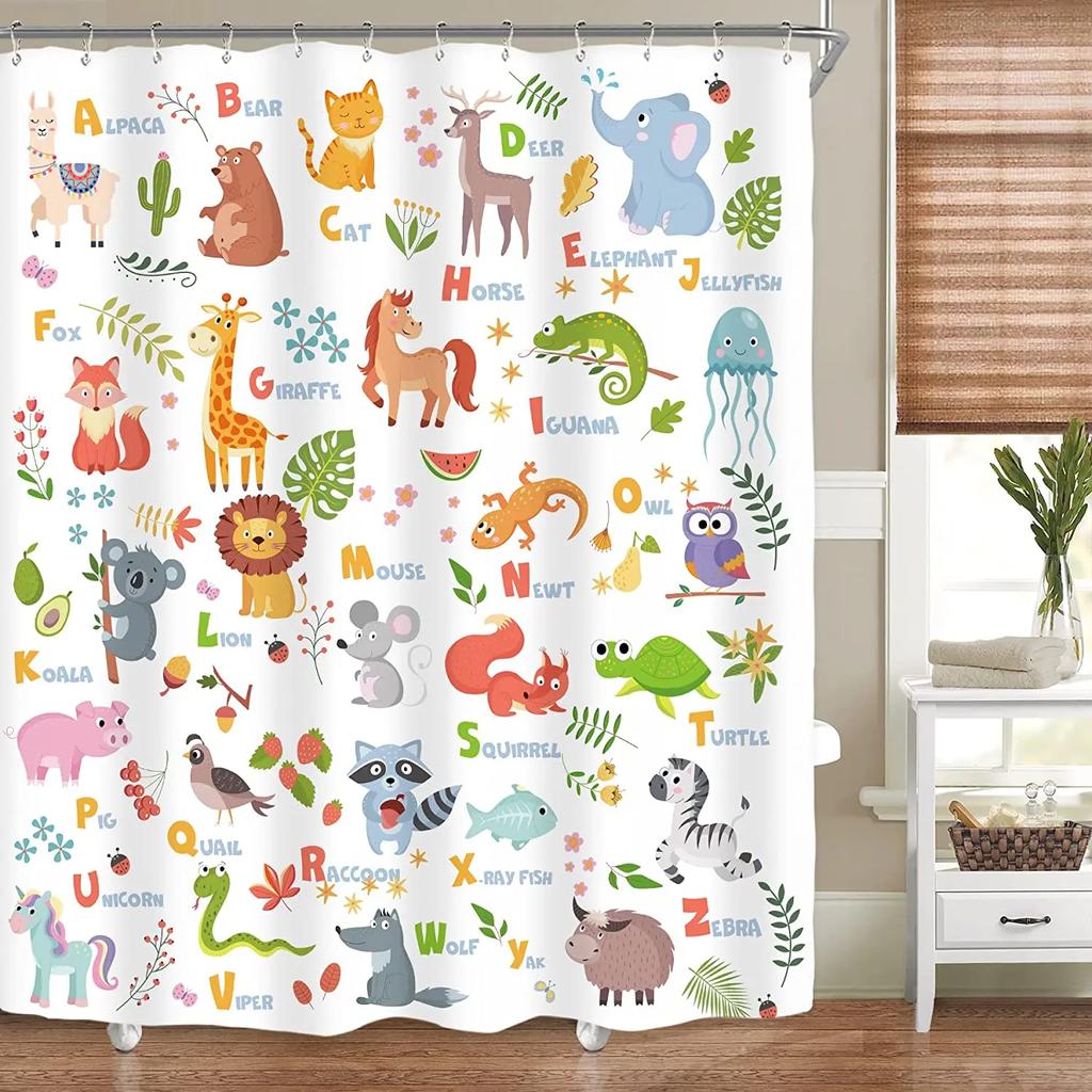 Kids Alphabet Shower Curtains For Bathroom Decor Abc Educational Learning Tool Baby Cartoon Animals Colorful Girls Boys Printed
