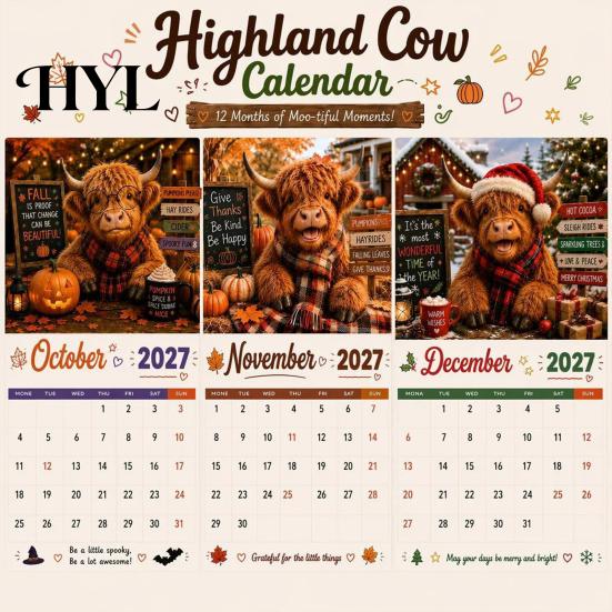 Feestelijk Cadeau 2027 Grappige Schotse Hooglandkoe Wandkalender, Schattig Boerderijdier 12 Maanden Keukenplanner Schots Hangend voor Rustieke Woondecoratie Kalender