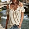 Women Tops Shoulder Straps Design Off Shoulder Ruffle Collar T-shirt Pure Color Loose Fit Short Sleeve Summer Tops