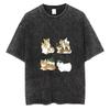 Vintage Washed Loose Fit Cute Cat Print T Shirt Casual O Neck Short Sleeve Tee Cartoon Kitten Food Theme Soft Breathable Tops Daily Wear Cool Top