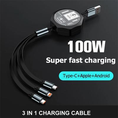 3 in 1 einziehbares USB-100-W-Kabel, schnelles Laden und Daten, Micro-USB Typ C für iPhone, Android-Telefon, Xiaomi, Huawei, OPPO