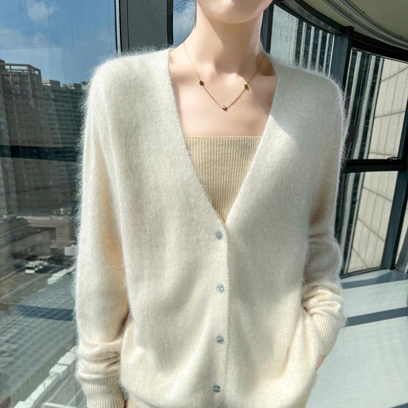 Autumn & Winter V-Neck Mink Velvet Women's Knit Cardigan - Loose, Slimming, Marled Yarn Sweater Top, Fashionable Outerwear