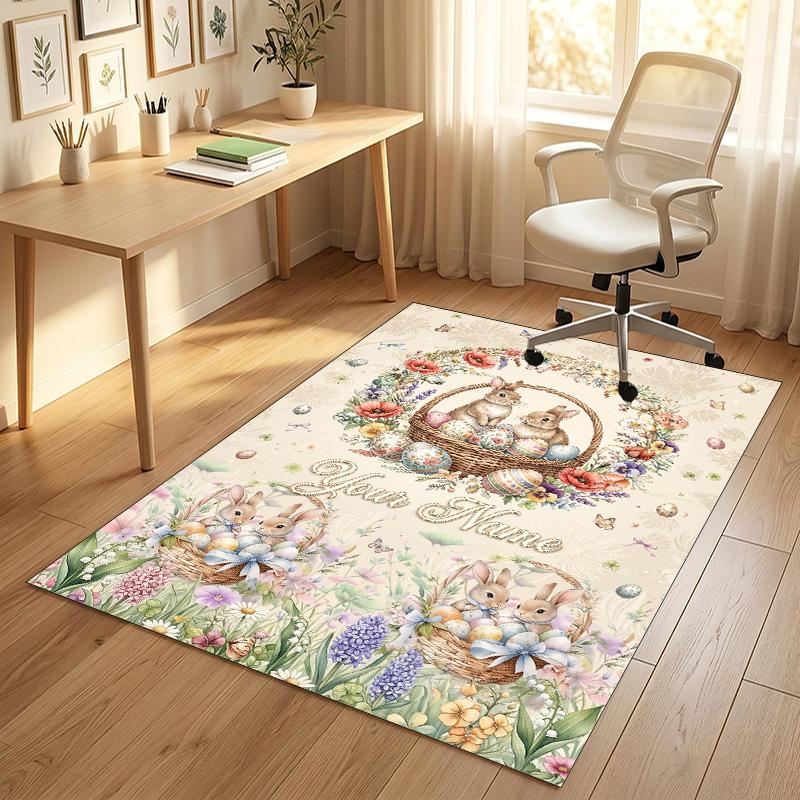 Easter Bunny Theme Crystal Velvet Rug Personalized Custom Name Text Soft Floor Mat Home Decor