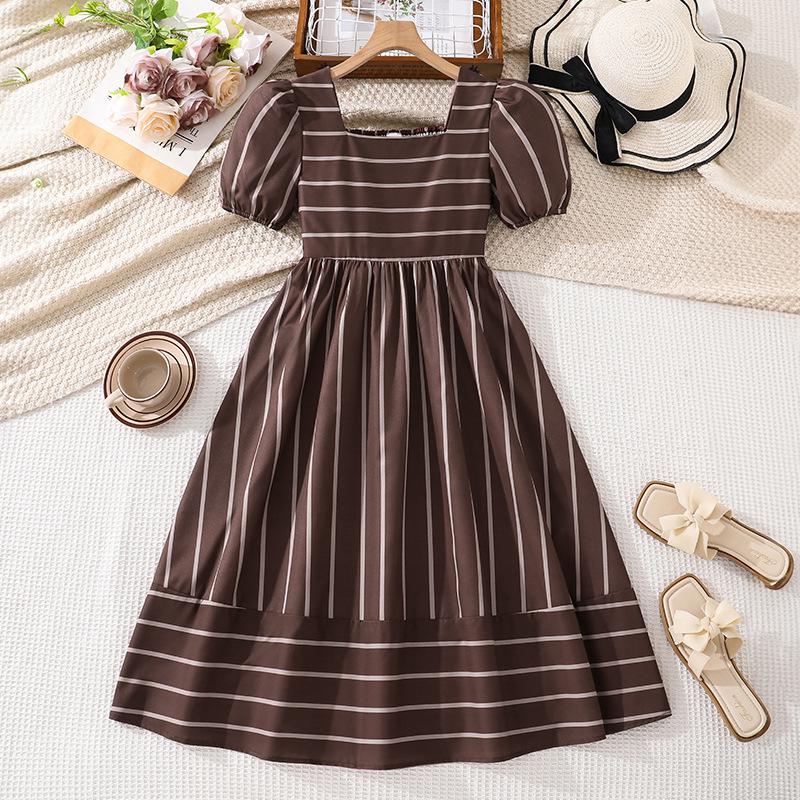Girls Fashionable Dress - Summer Children s Casual Striped Short-sleeved Dress 130cm=8Y темно-коричневого