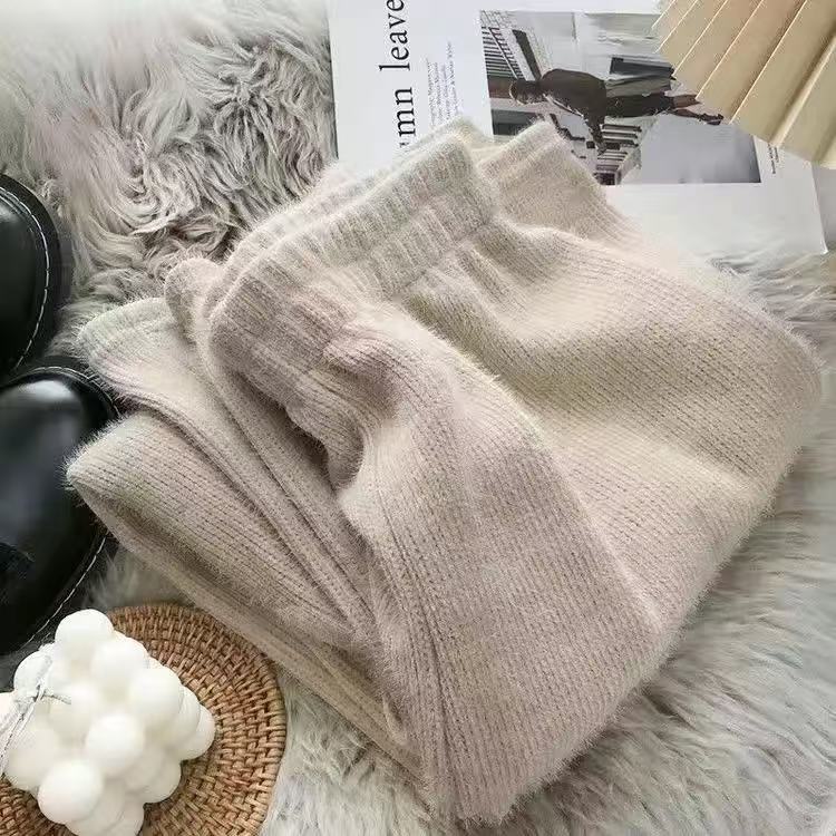 

New Winter Thick Vintage Elastic Waist Straight Pants Female All Match Mink Velvet Slim Wide Leg Loose Pants Women Casual Clothing S абрикосовый