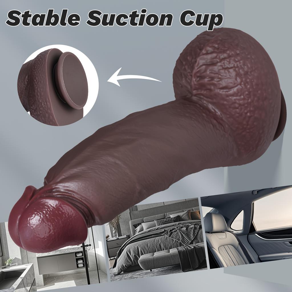 Realistic Black Thick Liquid Silicone Dildo, Soft Skin-Like Texture with Strong Suction Cup, Hands-Free Design, Strap-On Compatible Adult Toy