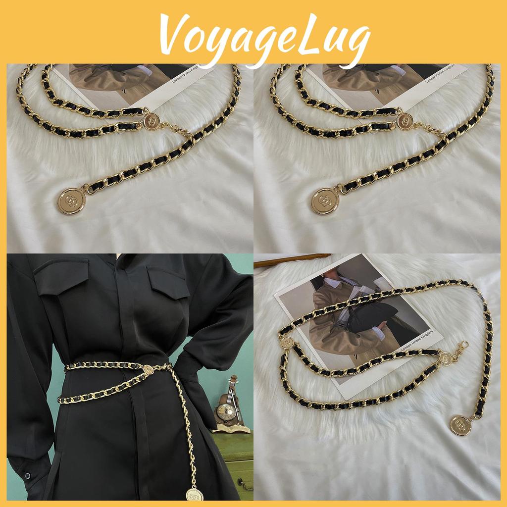 Eleganter Taillengürtel mit goldener Kette für Damen, stilvolles Webdesign, passend zu Kleidern und Pullovern.