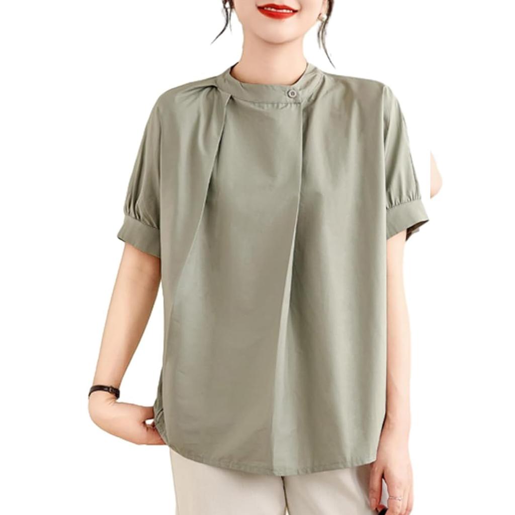 Short Sleeve Irregular Pleated Loose Perfect for and Fall [MSFQSNB] Women's Blouse, Shirt, Button-Up, Stand-Up Collar, Shirt, Fit, Slimming, Elegant,