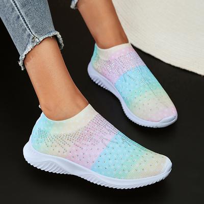 Moda Mix Color Dzianiny Kryształowe Trampki dla Kobiet Casual Slip On Mesh Walking Buty Damskie Miękka Podeszwa Rhinestone Dance Skarpetki Trampki