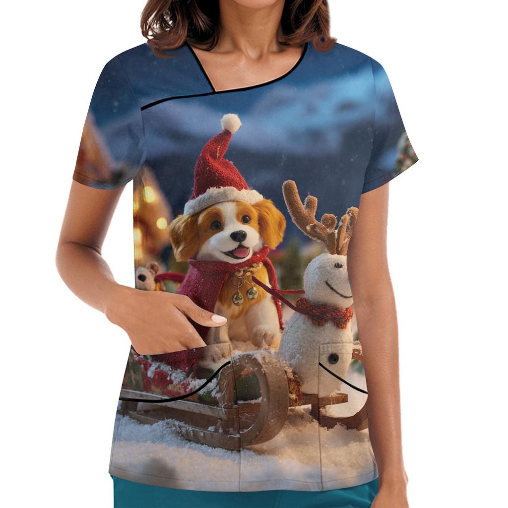 Women's Printed Work Clothes, Sloping Collar And Double Layer Pockets, Basic Top Pullover