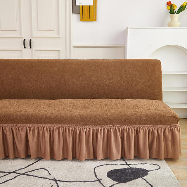 Velvet Jacquard Flower Grid Armless Sofa Cover Washable Elastic Slipcover Fitted Couch Bed Cover With Skirt