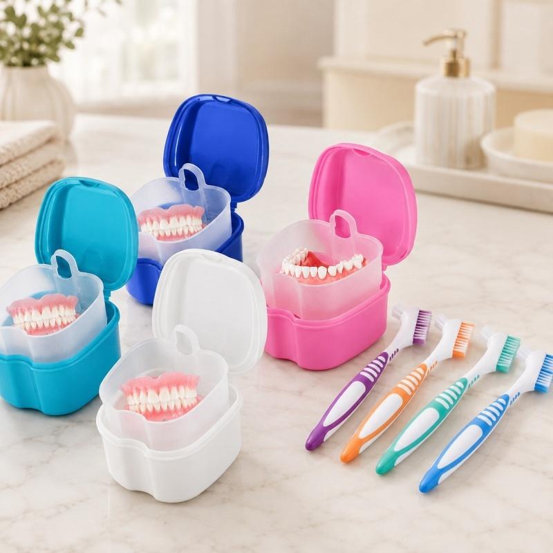 Travel Double Layer Denture Storage Box With Cleaning Brush Oral Care Container Non Slip Handle Denture Toothbrush