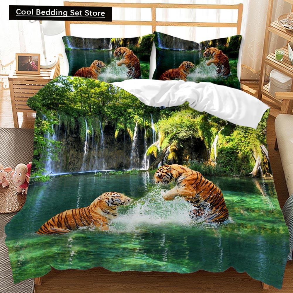 3D Tiger Duvet Cover Soft Comforter Cover Animal Bedding Set Tiger Pattern Quilt Cover for Bedroom Decor 2/3Pcs King Queen Size