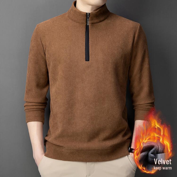 Men s High-Grade Velvet-Lined Winter Half-Zip Stand Collar Hoodie S хаки