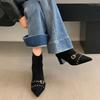 2025 autumn and winter new French retro belt buckle pointed short boots thick heel thin boots British Martin boots women