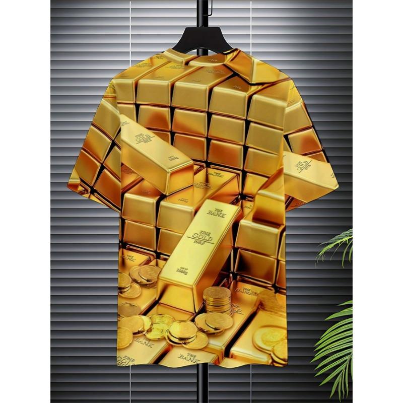 Men's Gold Bar 3D Printed T-Shirt Casual Short Sleeve Crewneck Top Creative Money Brick Graphic Tee Trendy Hip Hop Streetwear Summer Fashion Clothes