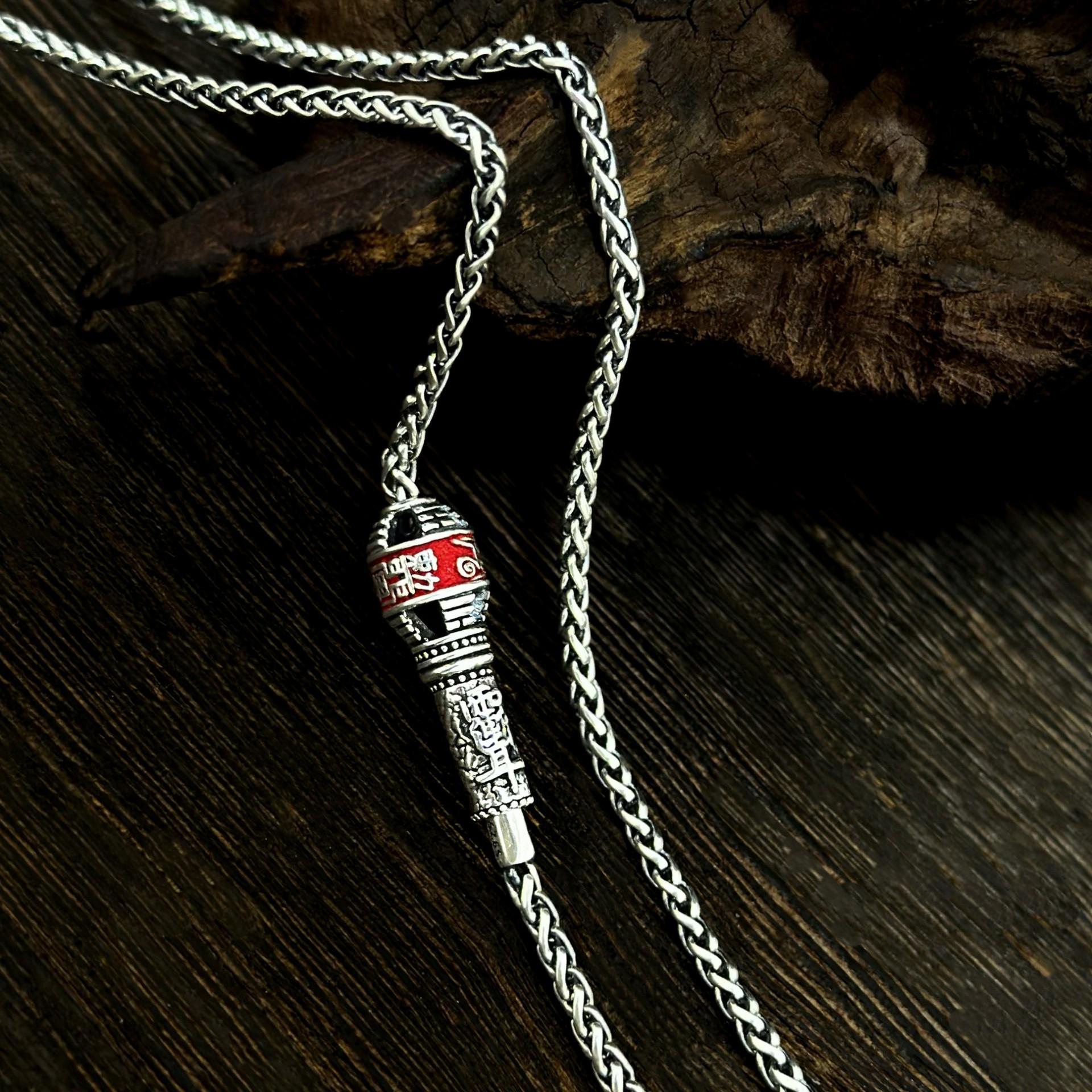 

S925 Sterling Silver Taoist Vermilion Talisman Necklace, Retro Unisex Design with Versatile Chopin Chain. 55 cm Chain