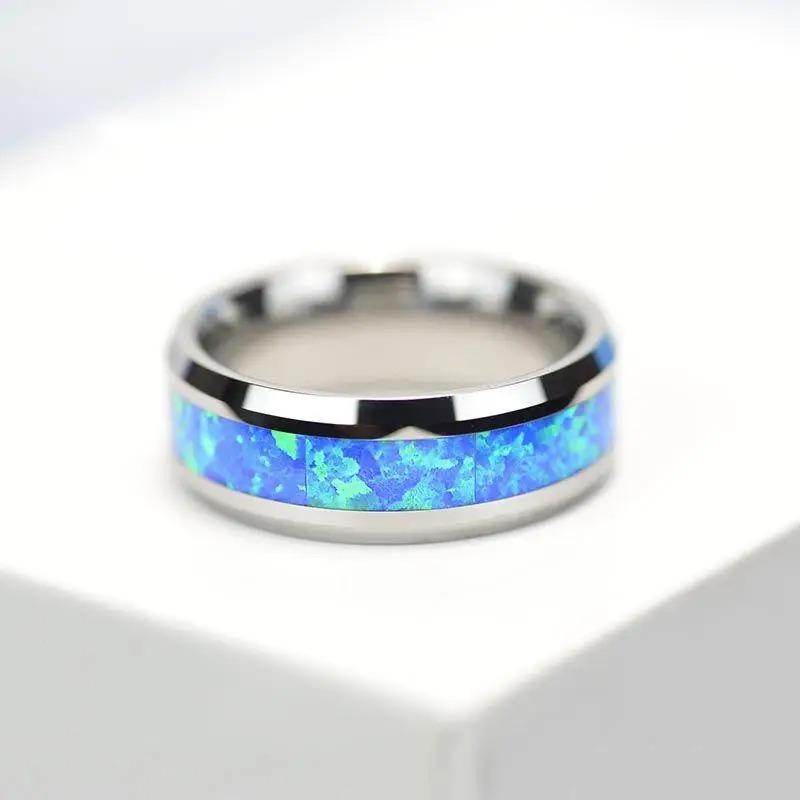 Fashion 8mm Men Stainless Steel Rings Inlay Blue Opal Never Faded Engagement Promise Rings For Men Women Wedding Band Jewelry