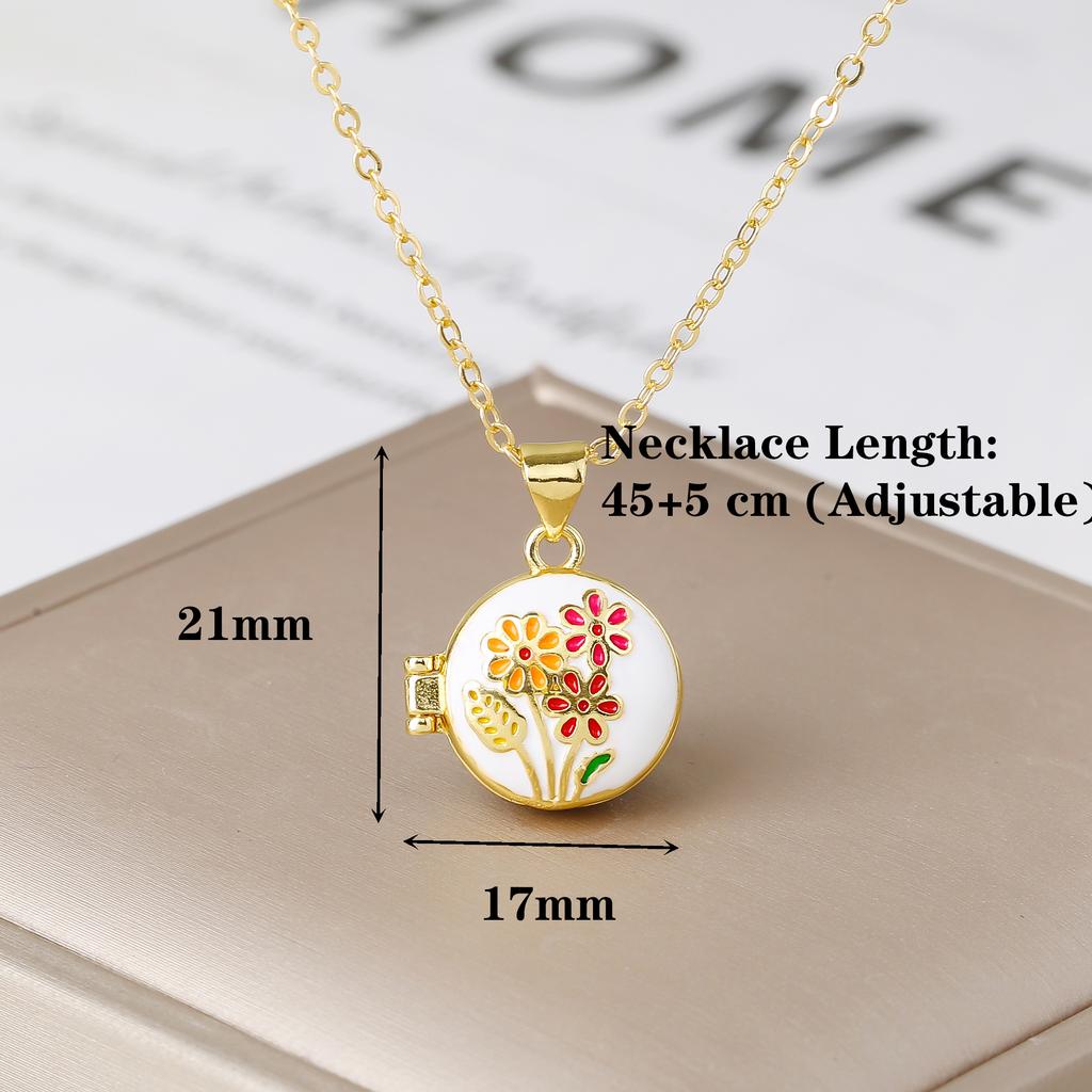 Round Photo Box Enamel Flower Gold-Plated Pendant Necklace Fashion for Women's Girls' Party Wedding Luxury Jewelry Gift