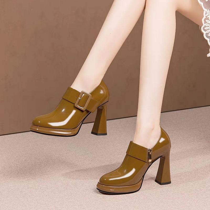 Mote 2025 Vår og Høst Nye Svarte Uformelle Tykke Høyhælte Enkelsko Dame Sideglidelås Rund Tå Plattform Pumps Damesko