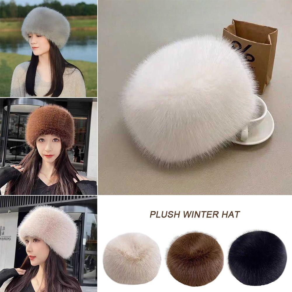 Smooth Plush Mongolian Fluffy Hat Round Top Warm Bucket Hat Plush Winter Hat  Ladies Headwear