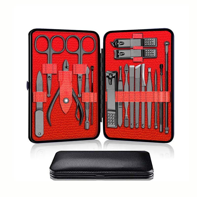 Red 18/15/12/7 Pcs Stainless Steel Black Nail Clipper Grooming Kit With Leather Travel Case Manicure Set