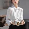 [SYitong] Women's Long-Sleeved Plain Blouse, Stylish, Washable, Collarless, White/Pink, Lined, Business/Office, Cute, Popular, Date, Outing, Commuting