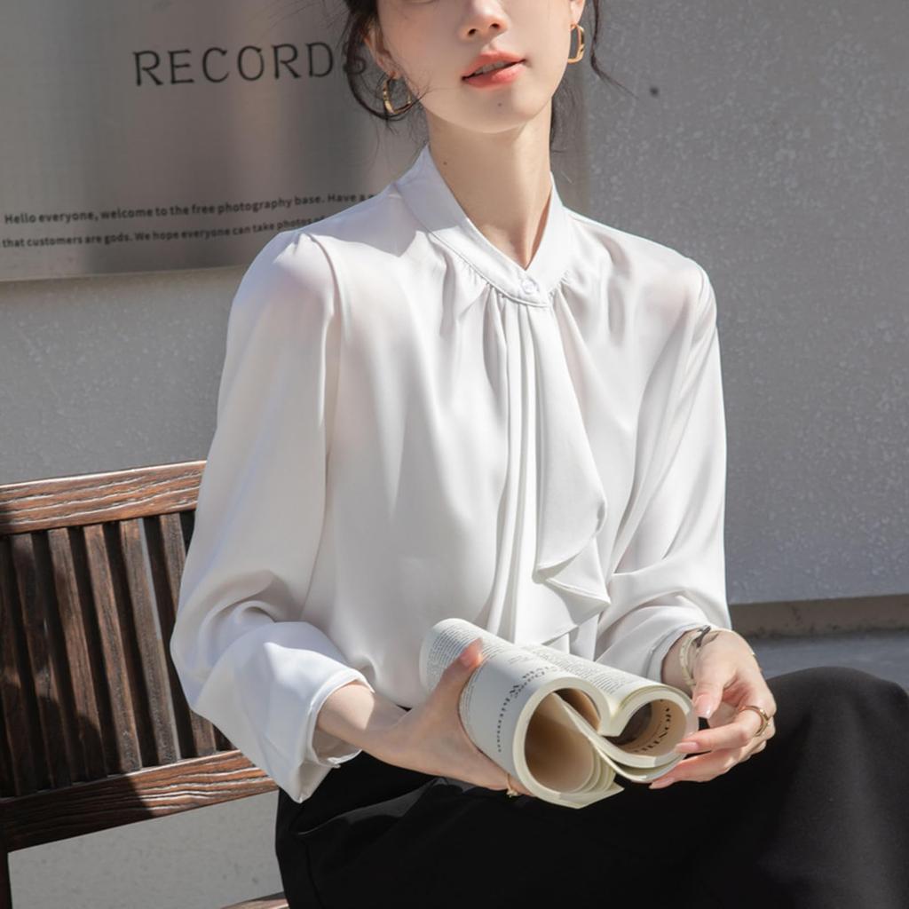 [SYitong] Women's Long-Sleeved Plain Blouse, Stylish, Washable, Collarless, White/Pink, Lined, Business/Office, Cute, Popular, Date, Outing, Commuting