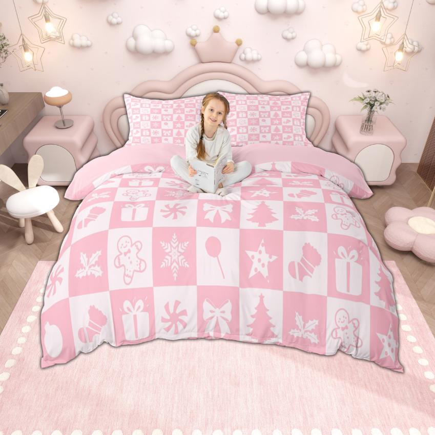 Homewish Merry Xmas Bettbezug-Set für Jungen Mädchen, Weihnachtsbaum Rentier Bettwäsche, Kawaii Schneemann Weihnachtsmann Bettdeckenbezug-Set